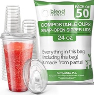 [24oz, 50 pack] Compostable Cups with Lids – Made from Plants- Cups with strawless snap-open sipper 