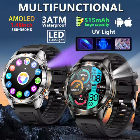 Military Men's Smart Watch 10ATM Waterproof 1.46"AMOLED Screen LED Flashlight 515mAh Battery Heart R