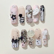 Musical Notes Retro Vintage Y2K Gyaru French Handmade Press On Nails 3D Rose Bow Pearl Pink Fake Nai