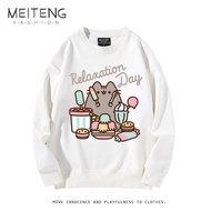 เสื้อสเวตเตอร์คอกลมลายแมว Pusheen น่ารัก ทรงหลวม สำหรับผู้ชาย ผ้าโพลีเอสเตอร์ผสมคอตตอน ยืดหยุ่นได้ดี