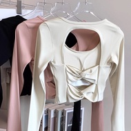 【YOGATRUTH】(Fixed Padded) Woman Sports Long Sleeves Knot Low Back Casual Crop Top Gym Yoga