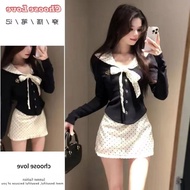 纯欲风娃娃领绑带T恤套装女秋冬高腰波点包臀半身裙修身长袖上衣