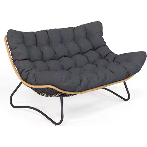 Outdoor Papasan Loveseat, Oversized 2-Seater Wicker Egg Chair with Thick Cushion, All-Weather Boho R