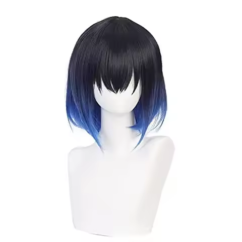 Anime Inosuke Cosplay Wig Hashibira Inosuke Wigs Black Mixed Blue Straight Costume Unisex Anime Wig 