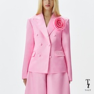 TandT - SHELTON PINK BLAZER - ROSE HAND-CRAFTED PIN DOUBLE BREASTED SATIN BLAZER เสื้อเบลเซอร์กระดุม