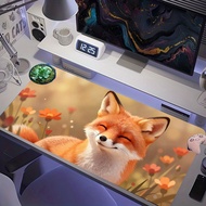 Cute Fluffy Red Fox with Closed Eyes, Smiling Warmly, Bokeh Orange Wildflowers, Extended Gaming Mous