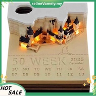Time Piece Calendar, 2025 Desk Calendar Memo Pad, 3D Magic Castle Time Piece Notepad with Lights