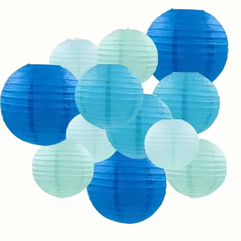 12Pcs Blue Paper Lanterns Chinese Round Paper Hanging Decorative Lanterns Are Suitable for Home Deco