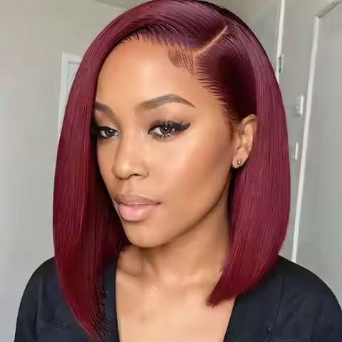 99J Burgundy Wine Red Silky Bone Straight Short Blunt Cut Bob Brazilian Virgin Human Hair Wig 14 Inc