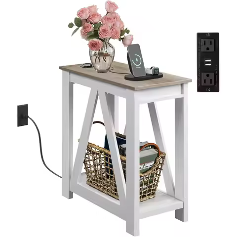 Farmhouse End Table, Narrow Side Table with Charging Station, Slim End Table, Side Table for Bedroom