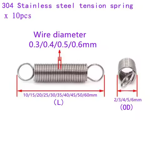 10pcs/lot Tension spring 0.3mm 0.4mm 0.5mm 0.6mm 304 stainless steel extension spring OD 2mm-6mm len