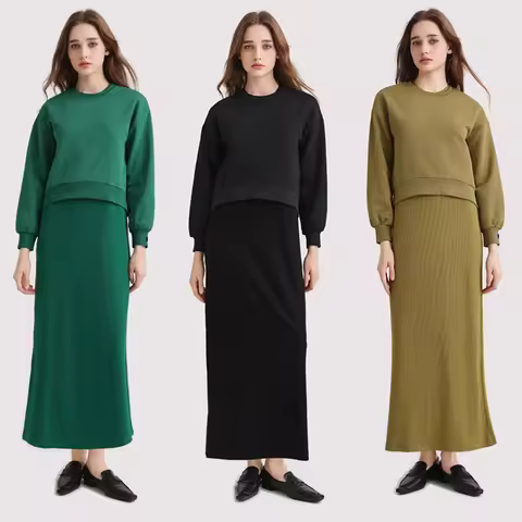 AA AW25 Autumn And Winter Elegance Ribbed Dress + Asymmetrical Sweater Top Match Set Maxi Length Wom