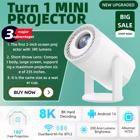 Projector 4K Turn1 340 lumens android 14 wifi6 H727 for home theater projectors Supports English, Fr