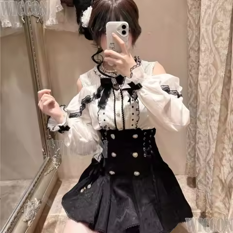 Lace Shirt Jirai Kei Girls Cosplay Costume White Top Suit Black Mini Skirt Cute Woman Y2K Halloween 