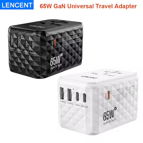 LENCENT 65W GaN Universal Travel Adapter with 2 USB-A+3 Type C Fast Charging Power Adapter EU/UK/USA