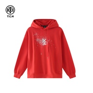 เสื้อฮู้ดลายปักสีแดง TCH แฟชั่นฤดูใบไม้ร่วง/ฤดูหนาว 2025 สำหรับคู่รัก ผ้าฝ้ายผสมคอตตอน ปกติ แขนยาว ป