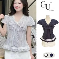 Short-sleeved plaid shirt with heart collar, lace, big bow, ruffles, lovely style, lady GU STORE
