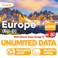 iCard eSIM Europe & UK/Cover Turkey/Balkans 3-15 Days Unlimited Data SIM - EU-D plan |Can Top Up Reu