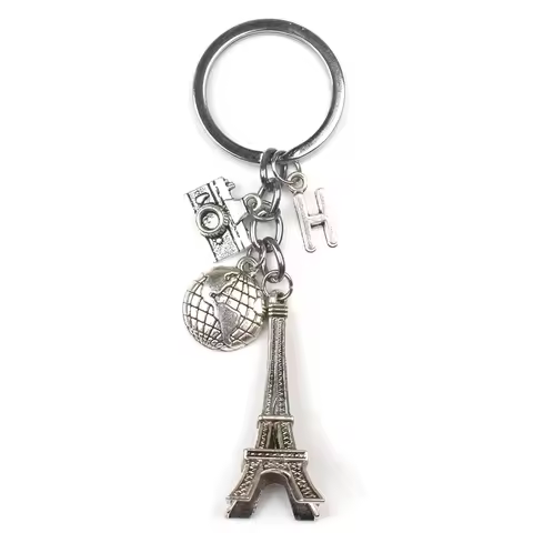 New (A-Z) Letter Personality Custom Earth Paris Tower Keychain Camera Pendant Travel Key Ring Friend
