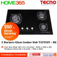 Tecno 3 Burners Glass Cooker Hob T23TGSV - LPG/PUB - FREE INSTALLATION