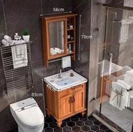 全城熱賣 - 陶瓷洗手盆浴櫃--一體式浴室組合櫃-落地式收納櫃【60cm黃花梨木色 含鏡櫃】#H099101137