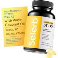 Selerb Vitamin D3K2 Contains Virgin Coconut Oil-Vitamin D310000IU+K2MK-7200mcg, Used for Immune and 