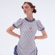 小羊印花 泡泡袖 抽繩小裙子 連體泳衣