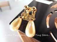 Little Ting Store:黃金Ｋ色底水滴珍珠貼耳垂吊夾式栓式貼耳飾垂吊螺旋夾式耳環