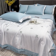 【New】4in1 Luxury Ice Silk Bedding Set Queen King Size冰絲床單 Bed Sheet Set Tempat Tidur Mewah Kain Cadar Star Embroidery Cool Mattress Cover with Pillowcases