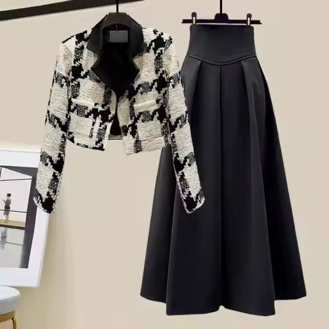 Elegant Spring Autumn Professional Women's Suit Set High Waist Skirt Luxury Style Long Sleeve Button