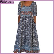 Rotyroya Women Long Summer Dress Printed Bohemian Dress Bohemian Ethnic Print Midi Dress with Pocket