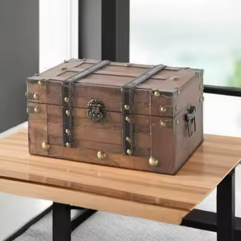 Small Wooden Treasure Chest 11x7x5.5 Inch Hinged Keepsake Storage Box Vintage Pirate Style for Class