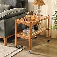 Cttasty Rattan Side Table with Wheels, Small End Table with Storage, Narrow Wooden Bed Side Table fo