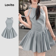 Lovito Casual Dress Plain Bow Front Pleated Summer/Spring Dress for Women L133AD062 Lovito Pakaian K