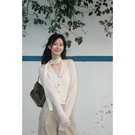 Yozo Studio ถักสั้น คอวี เสื้อสเวตเตอร์ เสื้อโค้ท สําหรับผู้หญิง ฤดูใบไม้ร่วง ฤดูหนาว หวาน สไตล์แขนย