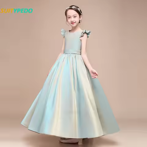 Brief Solid Princess Dress For Kids Glitter Satin Bow Long Flower Girls Party Dress For Wedding Birt