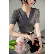 Zhu XIA Áo Len cashmere ôm sát vai ngắn tay cổ chữ V dệt kim cho nữ áo dệt kim Cashmere