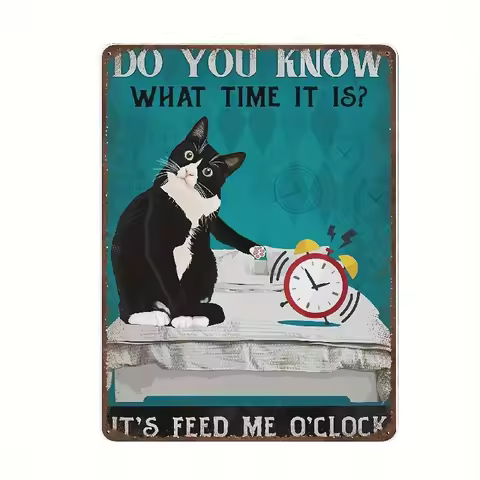 1pc Vintage Iron Metal Sign "Feed Me Feed Me" - Funny Suit Cat Poster, Home Decor Mural, English Tex