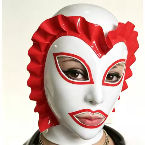 White Latex Hood Mask with Light Pink Ruffle, Rubber Face Hood Cosplay Party Club Wear Mask