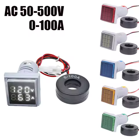 Square LED Digital Voltmeter 22MM LED Indicator Lamp Pilot Light Hertz Meter AC 50-500V 0-100A Volta
