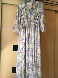 全新-正韓NEON-有口袋-黃底紫花全排扣抽繩收腰長洋裝