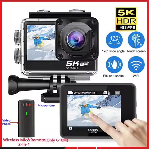 Action Camera 5K 4K60FPS EIS 48MP Wi-Fi Dual Screen 170D 8X Zoom Pre Record 30M Waterproof Sport Cam