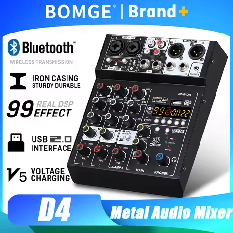 BOMGE D4 Audio Mixer 4 Channel Mini Mixer 99 DSP Reverb Effects USB Audio Interface Bluetooth for Ka