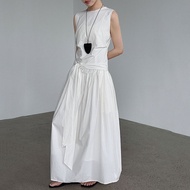 XITAO Drawstring Pleated Loose Dress O-neck Temperament Sleeveless Solid Color Simple Slim All-match