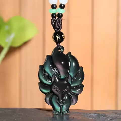 Natural Carved Gold Obsidian Jade Nine Tail Fox Pendant Black Green Necklace Charm Jewellery Fashion