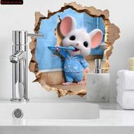 1pc 2D Printed 3D Cute Mouse Hole Wall Sticker, Cartoon Mouse Brushing Teeth Bathroom Decor Sticker