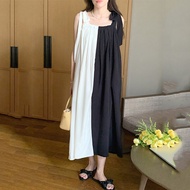 XITAO Bandage Bow Square Collar Pullover Dress Spaghetti Strap Loose Ankle-length Show Thin Casual L