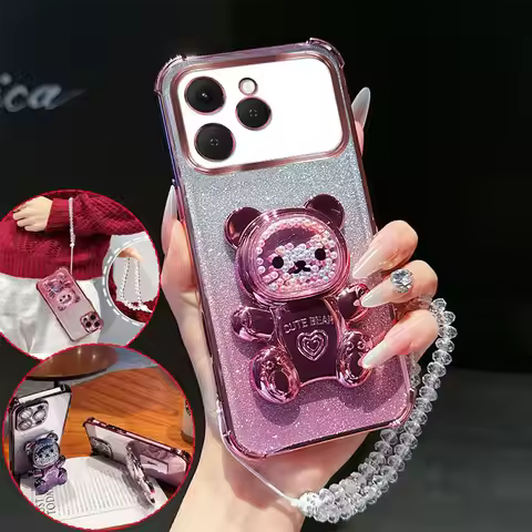 4 Corner Shockproof Phone Case with Cute 3D Bear Stand Crystal Chain Lanyard Glitter Transparent For