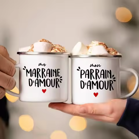 Best Godfather & Godmother In The World French Print Enamel Mugs Brother Sister Friends Gifts Drink 