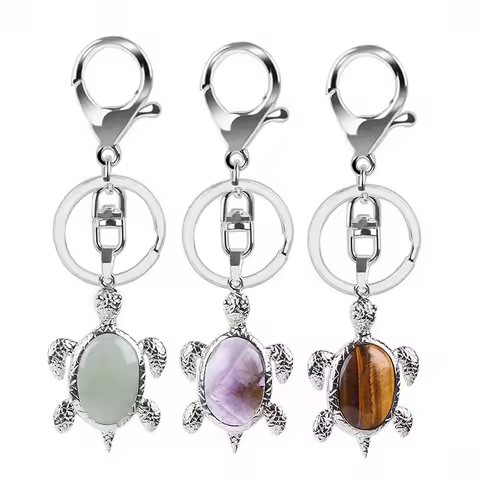 Sea Turtle Natural Crystal Stone Keychain Gemstone Chakra Keyring Natural Gemstone Cute Sea Turtle K